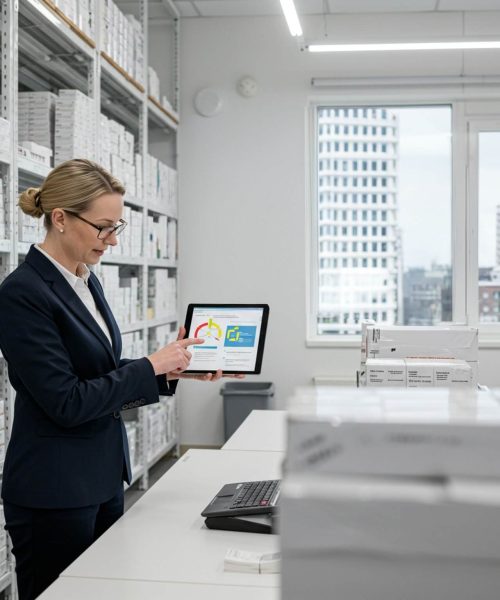 Supply Chain Consultant Bekijkt Logistieke Prestaties In Rotterdamse Magazijn Supply Chain Consultant Bekijkt Logistieke Prestaties In Rotterdamse Magazijn